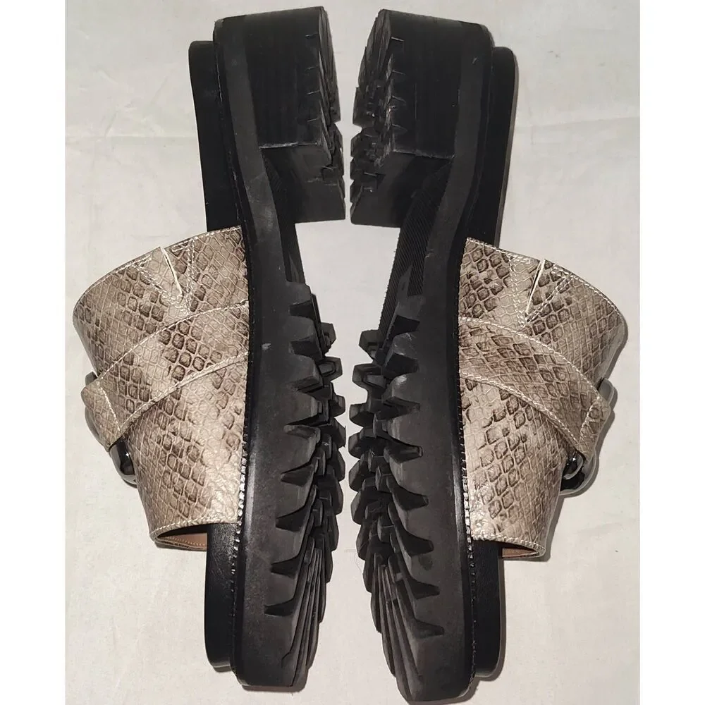 Aerosoles Lima Leather Chunky Lug Soles Slide Sandals Black/ Taupe Snake Size l0
